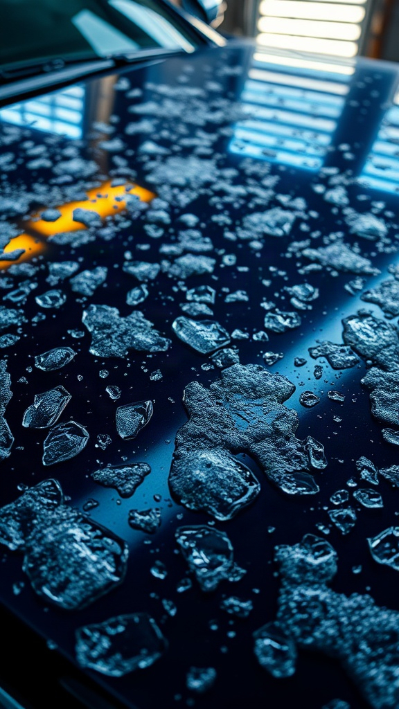Hail dimples across a dark car roof under a lamp