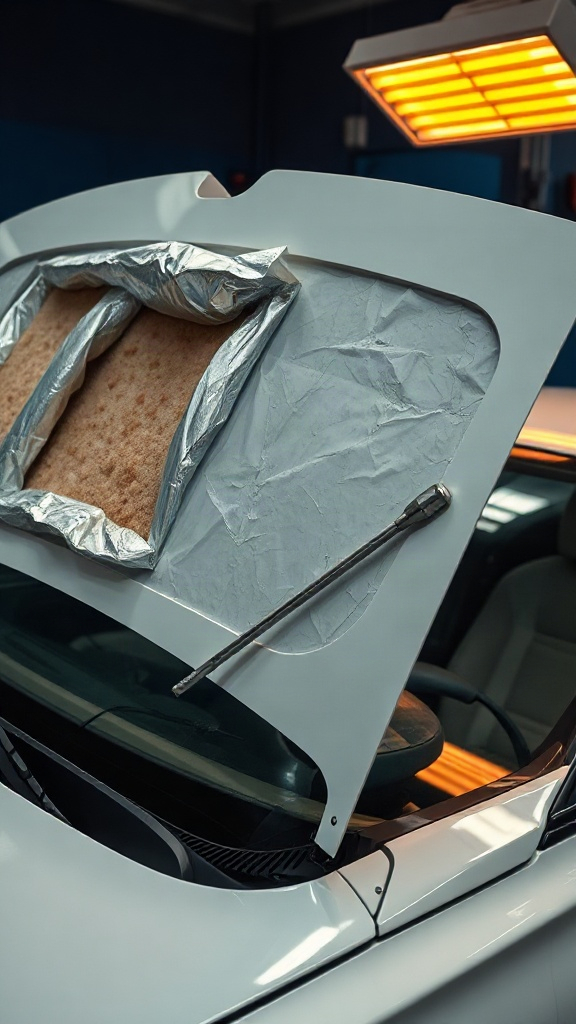 An open hood with a dent rod on the inner skin