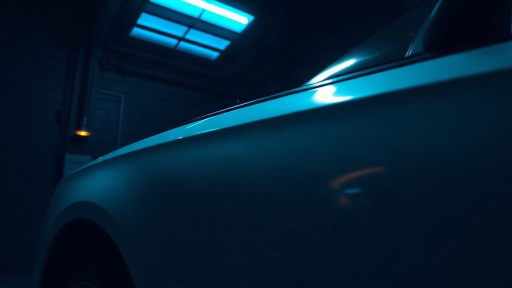 A car door in a dark body shop under a reflection lamp